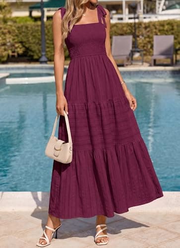 BTFBM Women's 2026 Spring Boho Spaghetti Strap Dress Casual Sleeveless Smocked A Line Beach Sundress Long Maxi Dresses(Burgundy, Small) - Thumbnail 4