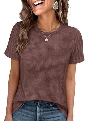ANRABESS Women's Summer Waffle Knit Tops Crew Neck Short Sleeve Casual Trendy Shirts Basic Tee Blouses 2026 Spring Outfits Brown X-Large - Image 1