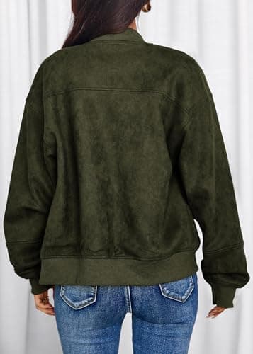 Lazysmile Women's Faux Suede Bomber Jackets Fall Fashion Outfits Winter Clothes Stand Collar Zip Up Coats Outwear with Pockets - Thumbnail 2