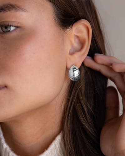UANNEAU Silver Chunky Earrings for Women Trendy, 14K White Gold/Silver Plated Dainty Disco Earrings Statement Minimalist Hypoallergenic Stud Earrings - Thumbnail 3