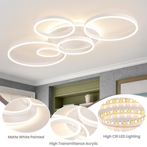 Modern LED Ceiling Light White Flush Mount Ceiling Light Dimmable Dining Room Light Fixtures with Remote 5 Rings Acrylic Kitchen Lighting Fixtures Ceiling Lamp for Living Room Bedroom (White, 5 Rings) - Thumbnail 6