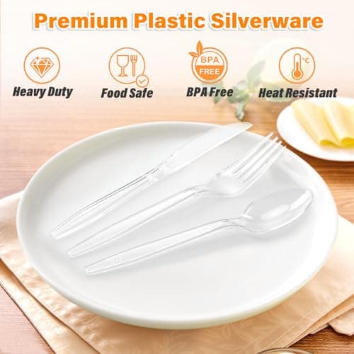 SIUQ 360 Count Heavy Duty Clear Plastic Silverware, 150 Forks, 150 Spoons, 60 Knives, Disposable Plastic Utensils Set, Plastic Cutlery Set, Plasticware Bulk for Parties, Catering, Picnic - Thumbnail 4