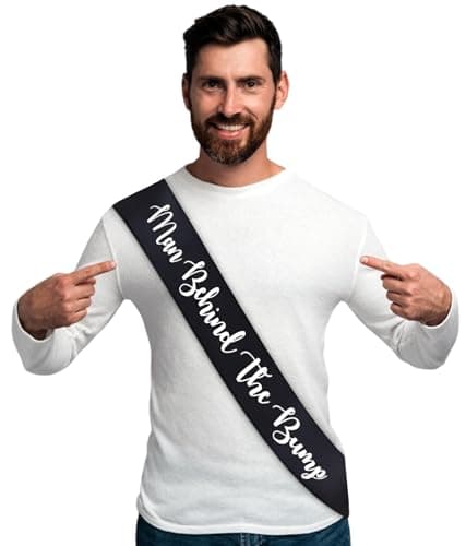 "Man Behind The Bump" Funny Baby Shower Sash for Daddy to Be, Baby Shower Party Decorations Gifts Supplies Dad to Be Baby Gender Reveal Ideas New Father Favors (Black and White) - Image 1