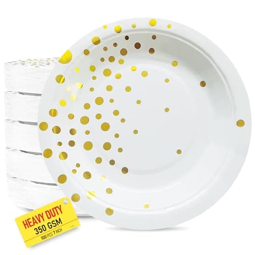 100 PCS Disposable Paper Plates for Party Supplies, White and Gold Dessert/Cake Plates, Heavy Duty Gold Plate for Party, Birthday, Graduation, Wedding, Engagement, Baby Shower, All Anniversary (7IN) - Image 1