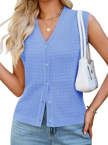 Bellcoco Womens Sleeveless V Neck Sweater Vest Crochet Knit Summer Tops Button Down Spring Cardigan Casual Outfits 2026 Light Blue XXL - Image 1