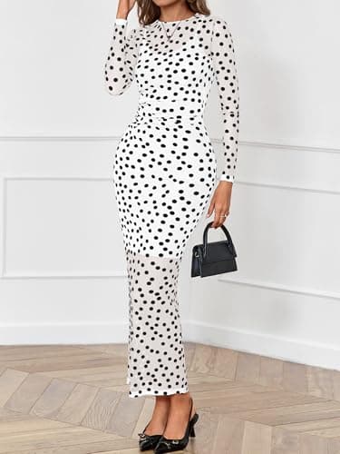 BTFBM Spring Dresses for Women 2026 2 Piece Set Long Sleeve Polka Dot Sexy Bodycon Mesh Dress and Slip Dress Wedding(Big Dot White Black, Small) - Thumbnail 5