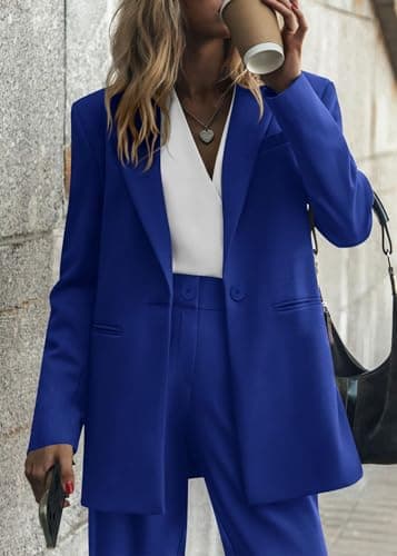 KIRUNDO Women Suits 2 Piece Set Business Casual Dressy Oversized Blazer Jacket and Wide Leg Dress Pantsuits Formal Outfits(Royal Blue, Medium) - Thumbnail 3