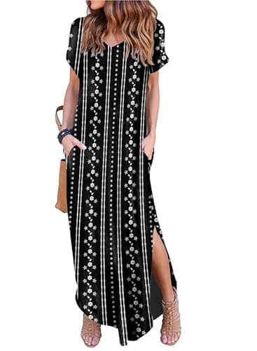 Camdoria Halloween Bones Stars Stripes Maxi Dresses for Women Summer Casual Loose Pocket Short Sleeves V Neck Split Beach Sundress Long Aline Dress M - Image 1
