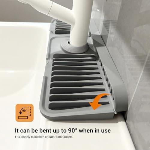 ZJWZLG Faucet Mat for Kitchen Sink, 17.7"X5.5" Silicone Sink Splash Guard with Soap Holder, Snap-On Design & 7°slope Fast Drain, Folding Sink Faucet Mat for Universal Kitchen Bathroom Sink（Grey） - Thumbnail 3