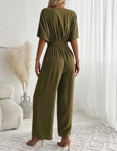 LOOKBOHO Womens Dressy Jumpsuits V Neck Belted Waist Casual Wide Leg Pants Romper Formal Elegant Jumpsuit Army Green M - Thumbnail 3
