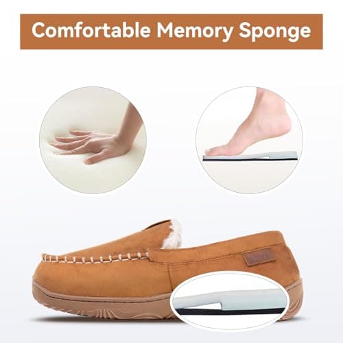 BOVTY House Slippers for Men Moccasins - Memory Foam&Warm Plush Indoor Outdoor Slip-on Loafers Beige - Thumbnail 5
