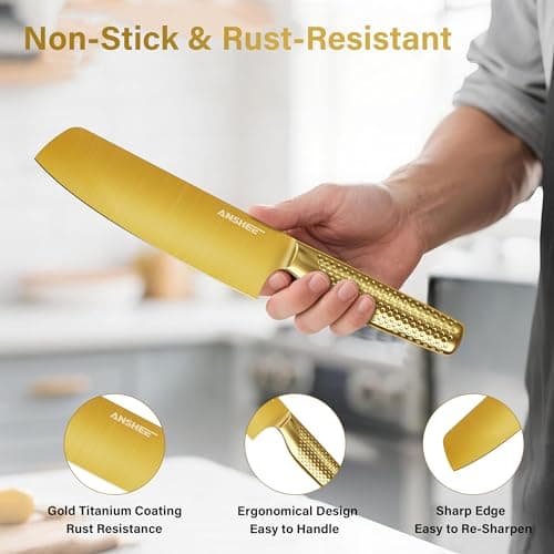 ANSHEE 7 Inch Japanese Santoku Knife High Carbon Stainless Steel Gold-Colored ProfessionalChef Knife,Multipurpose Kitchen Blade Ultra Sharp with Sheath/Gift Box for Meat,Veggies,Fruits Home&Restaurant - Thumbnail 5