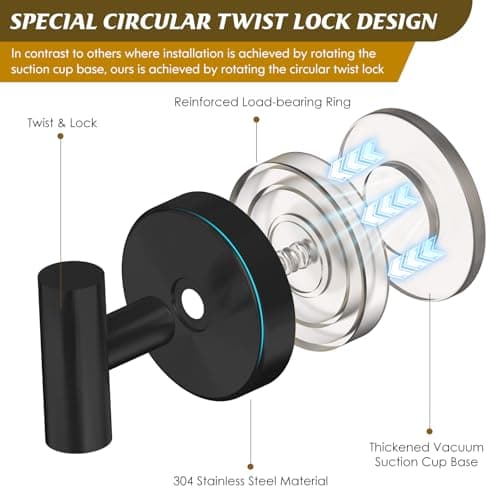 MOTAIPEAK Suction Cup Hooks for Shower, Removable Shower Suction Hooks for Inside Shower, No Drill Towel Hooks for Bathroom Glass Mirror Tile, Waterproof Rustproof Robe & Loofah Hooks, Black, 2 Pack - Thumbnail 4