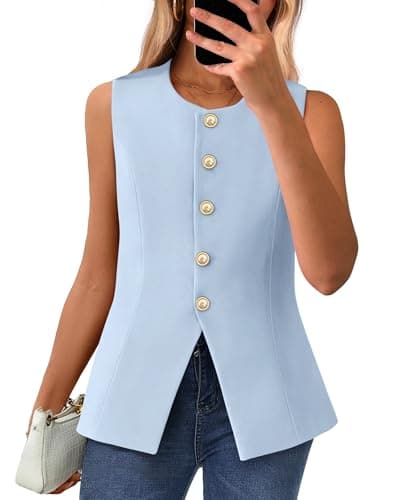 BTFBM Summer Sleeveless Blazer Vest For Women Dressy Button Down Round Neck Business Casual Outfits Work Suit Vests Tops(Light Blue, X-Small) - Image 1