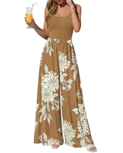 KIRUNDO Jumpsuits for Women Dressy 2026 Summer One Piece Sleeveless Boho Floral Wide Leg Romper Beach Vacation Cruise Outfits(Khaki, X-Large) - Image 1
