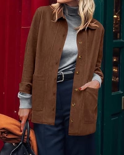 BTFBM Faux Suede Jacket Women Fall Fashion 2026 Leather Jackets Long Sleeve Button Down Winter Coats Shackets Outerwear(Brown, XX-Large) - Thumbnail 6
