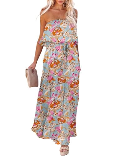 Dokotoo Strapless Floral Dress for Women High Waist Side Split Flowy Sexy Dresses Off The Shoulder Maxi Dress Casual Beach Vacation Dresses XX-Large - Image 1