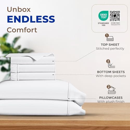 THREAD SPREAD 100% Egyptian Cotton Split King Sheets Sets for Adjustable Bed - 600 Series Bliss Collection Top Split King Sheets Set (5 PC, White), 16" Deep Pocket Sheets for Adjustable Bed - Thumbnail 3