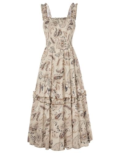 Women's 2026 Summer Floral Boho Dress Square Neck Easter Casual Sundress Apricot M - Image 1