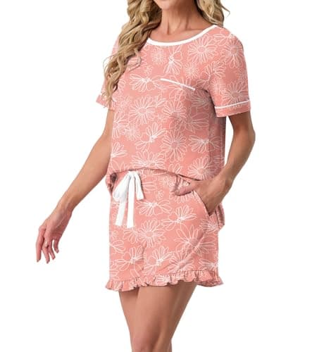 PrinStory Womens Pajama Set 2 Piece Short Sleeve Top and Shorts Pjs Cute Lightweight Pj Sets Soft Lounge Set with Pockets FP-Pink Sunflower-S - Thumbnail 4