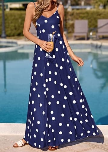 KIRUNDO Polka Dot Dress for Women Summer 2026 Sleeveless Spaghetti Strap Beach Vacation Cruise Boho Long Flowy Maxi Dresses(Navy, X-Large) - Thumbnail 2