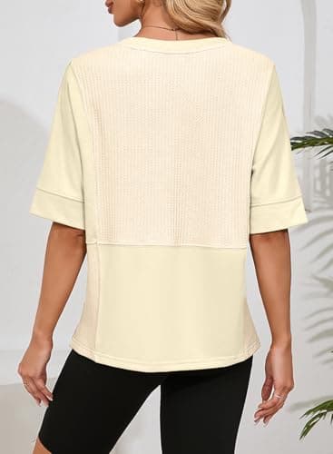 Dokotoo Spring Tops for Women Tshirt Beige Casual Short Sleeve Tops V Neck Summer Outfits for Ladies 2026 Trendy Oversized T-Shirt Casual Dressy Loose Fit Fluffy Touch Waffle Clothing Size Large - Thumbnail 4