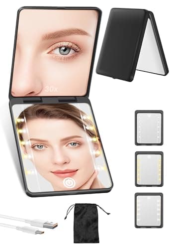 Compact Mirror, Rechargeable 30X Magnifying Mirror with 3 Lighting Modes & Dimmable Brightness, Portable Travel Makeup Mirror with Light, Essentials for Travel, Pocket, Purse, Gifts for Women Black - Image 1