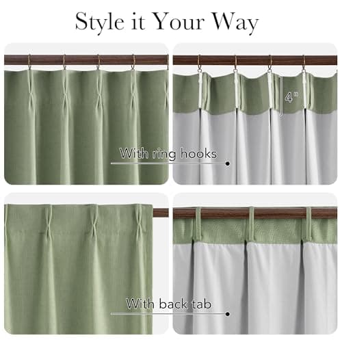 NICETOWN PRO 100% Blackout Sage Green Curtains 108 inch Long, Pinch Pleated Thermal Window Treatments Linen Blended Sound Reducing for Bedroom/Farmhouse, 2 Panels, W40 x L108 - Thumbnail 2