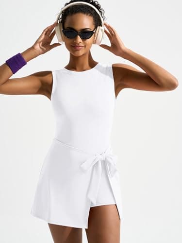 Dokuritu Workout Dresses for Women U-Shaped Back Knot Tennis Dress Built in Shorts Backless Wrap Golf Athletic Rompers White - Thumbnail 6