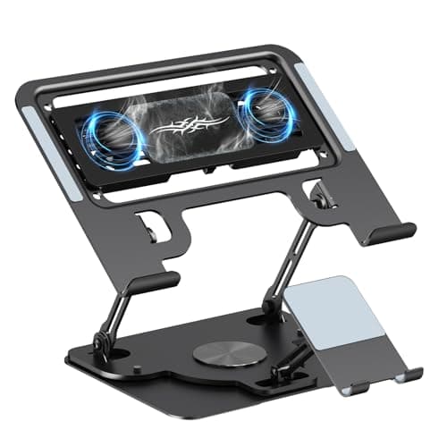Laptop Cooling Pad with Detachable Fan & Cooler, 2-in-1 Laptop & Phone Stand, Adjustable Angle, 360° Rotatable Base, Carbon Steel, Ultra-Quiet & Super Sturdy for Laptop (Black)