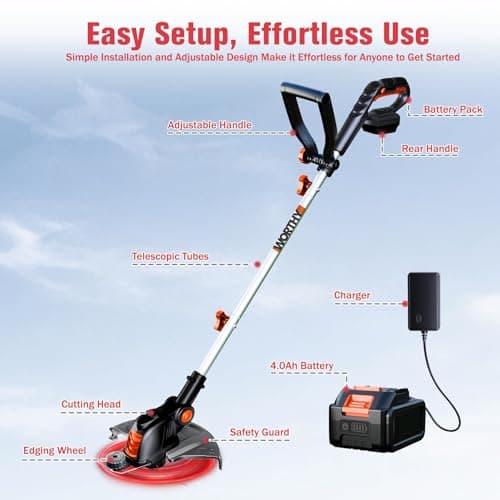 Electric Weed Wacker String Trimmer:2 x 4.0Ah Batteries Cordless Weed Eater 21V Battery Powered with 12" Cutting Width, Eco Friendly Grass Cutter Edger Lawn Tool with Fast Charger - Thumbnail 2