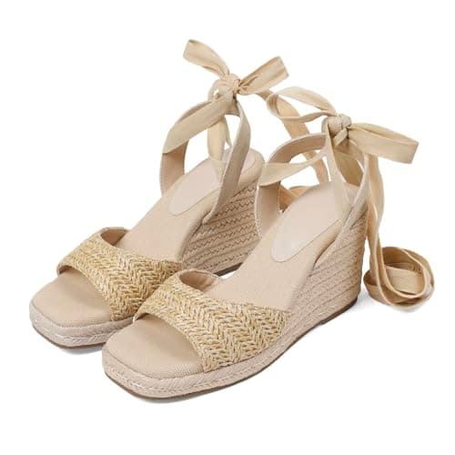 EQAUDES Womens Open Toe Espadrilles Wedges Tie Lace Up Cute Ankle Strap Platform Sandals Dressy Shoes - Image 1