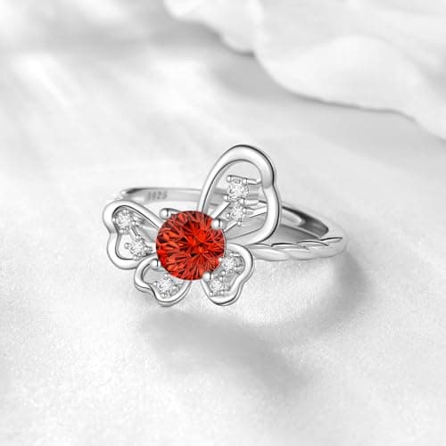 Birthstone Butterfly Opening Ring - 925 Sterling Silver Firework-Cut Cubic Zirconia January Garnet Adjustable Anniversary Engagement Promise Ring Birthday Jewelry Gift for Women Wife Daughter DR165J - Thumbnail 3