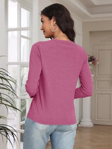 COCOMARTS Womens Long Sleeve Crewneck Knit Basic Tops Loose Casual Shirt 2025 Fall Winter Outdoor Thermal Undershirts Red Medium - Thumbnail 4