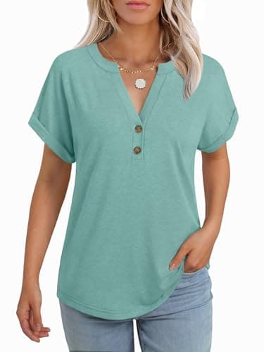 GKBK Womens Short Sleeve Henley Tops V Neck Business Dressy Casual Elegance Versatile Loose Fitted Blouses Summer Trendy Tee Shirts 2026 Vacation Fashion Clothes Apparel Cyan M - Image 1