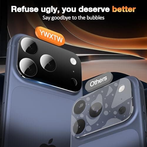 YWXTW [0 Bubbles for iPhone 17 Pro Max Camera Protector, Full Coverage Tempered Glass Lens Screen Protector for iPhone 17 Pro Max Accessories, Case Friendly, HD Clear, 3 Pack (Black) - Thumbnail 2