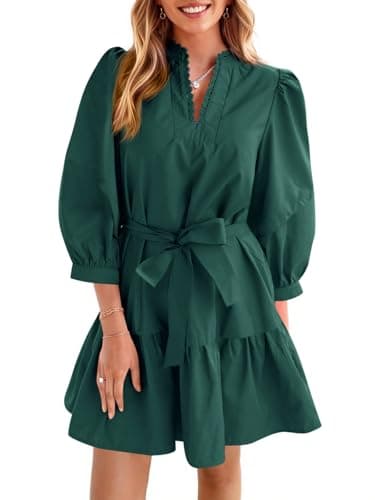 Cicy Bell Womens Puff 3/4 Sleeve Mini Dresses Bow Tie Waist V Neck Casual Trendy Ruffle Tiered Short Dress Dark Green - Image 1