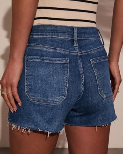 MEMVU Denim Shorts Women Elastic Waist Drawstring Stretchy Distressed Jean Shorts for Women with Pockets Casual High Waisted Stretchy Cut Off Summer Beach Ladies Shorts 2026 Dark Blue XL - Thumbnail 4