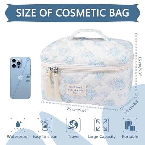 Gosect Large Travel Quilted Makeup Bag for Women,Big Floral Cotton Cosmetic Bag, Cute Coquette Aesthetic Floral Toiletry Organizer Bag (Blue Rose) - Thumbnail 2
