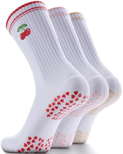 NSRRUN TURTLE Non-Slip Pilates Grip Socks for Women - Embroidery Crew Sock with Sticky Sole, Ideal for Yoga, Workout, & Barre, Medium, 3 Pairs -Red&Pink&Light Yellow - Image 1