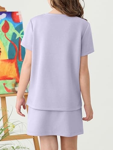 XMWEALTHY Girls Two Piece Outfits Summer Skirt Set Short Sleeve Crew Neck Tops Skorts with Pockets Kids Clothes Athletic Sweatsuit Violet 5-6Y - Thumbnail 4