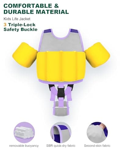 AEOCOO Kids Pool Floaties 1-2-3-5-7-9 Years Old, Toddler Swim Vest 20-30-50-70 Pounds, Comfortable Extended Wear Kids Float Jacket with Crotch Strap, Bright Design and Unpadded Sides, Purple - Thumbnail 3