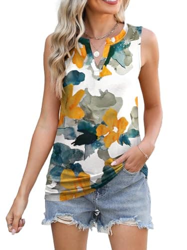 SLOWCOLIN Womens Tank Tops Loose Fit V Neck Tank Tops for Women Summer Casual Sleeveless Shirts White-Yellow M - Thumbnail 5