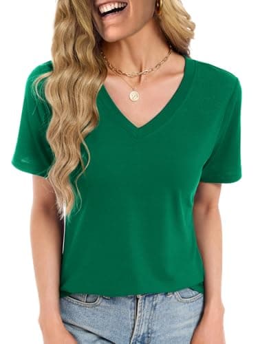 Womens Short Sleeve Tops T Shirts Summer T Shirts V Neck Dressy Casual Blouses Plus Size Tunic Vacation Boho Outfits, Forest Green M - Image 1