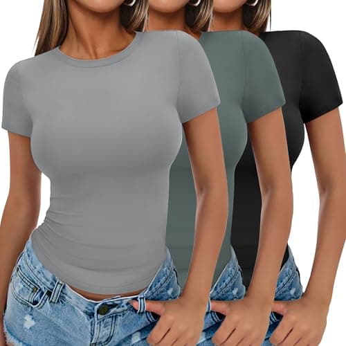 Ekouaer Womens Short Sleeve Tops Summer Shirts Slim Fitted Basic Tees Clothes Black/Sage Green/Light Gray S - Image 1