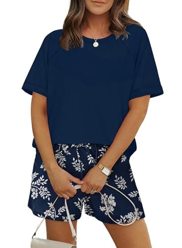 WIHOLL 2 Piece Sets for Women Two Piece Lounge Short Sets for Women Vacation Outfits 2026 Matching Sets Women's Fashion Clothing Beach Vacation Pajamas Set Summer Outfits Navy Print S - Image 1