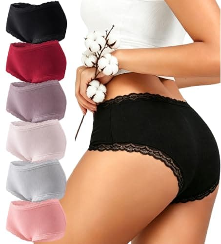 FINETOO Cotton Underwear for Women Sexy Boy Shorts Breathable Cheeky Lace Trim Panties Womens Underwear 6 Pack - Image 1