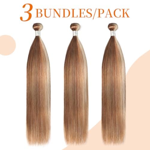 YESHURAY Highlight Bundles Human Hair Straight Virgin Hair Extensions With Brown/Blonde 3 Tones Highlights 3 Bundles/Pack 12 14 16 Inch 100g/Bundle - Thumbnail 5