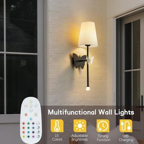 MHSNL Battery Operated Wall Sconces,Rechargeable Wall Lights with Butterfly Crystal Decorative Sconces,Cordless Battery Sconce Indoor Wall Lamps for Bedroom Living Room Hallway Stairs Black 1 Pack - Thumbnail 2