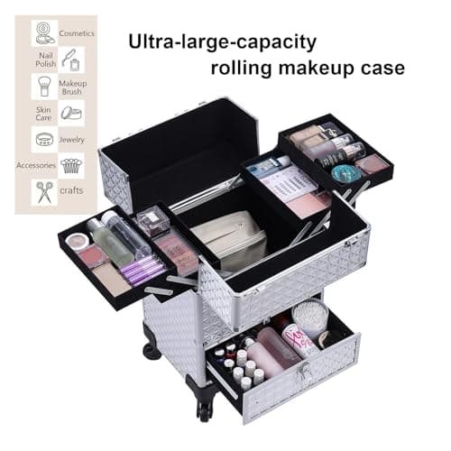 Rolling Makeup Case,Professional Cosmetology Case on Wheels,Large Cosmetic Organizer Train Case,Makeup Travel Case with Draws & Swivel wheels Nail Tech Salon Storage Traveling Cart Trunk,Silver - Thumbnail 6